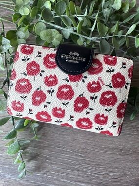 Coach Medium Corner Zip Wallet in Red and Cream Floral with Black Trim